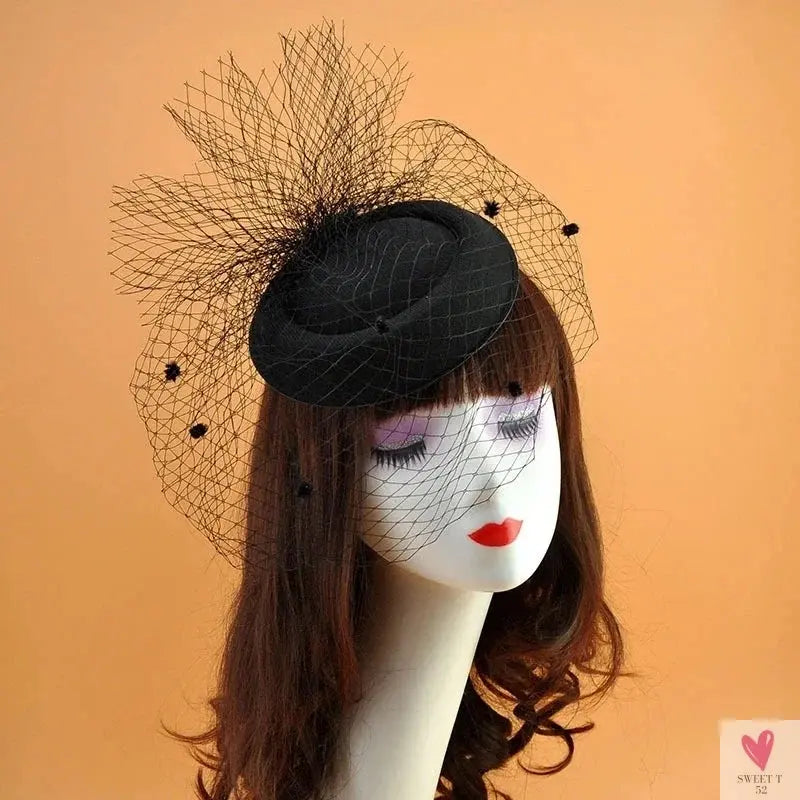 Fascinator Hat - Black Veil Small Hat/Hair Accessory, Retro, Woolen Material for Women. Dinner Party Headwear Sweet T 52