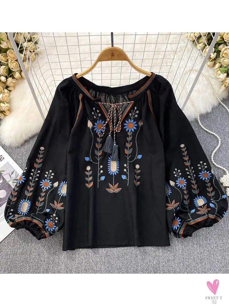 Floral Embroidered Tee for Women and Girls, Loose Fit With Wide O-Neck in 5 Solid Colors-Shirts & tops-SWEET T 52