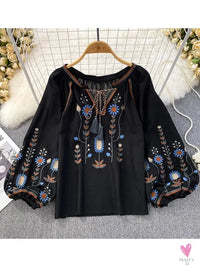 Floral Embroidered Tee for Women and Girls, Loose Fit With Wide O-Neck in 5 Solid Colors-Shirts & tops-SWEET T 52