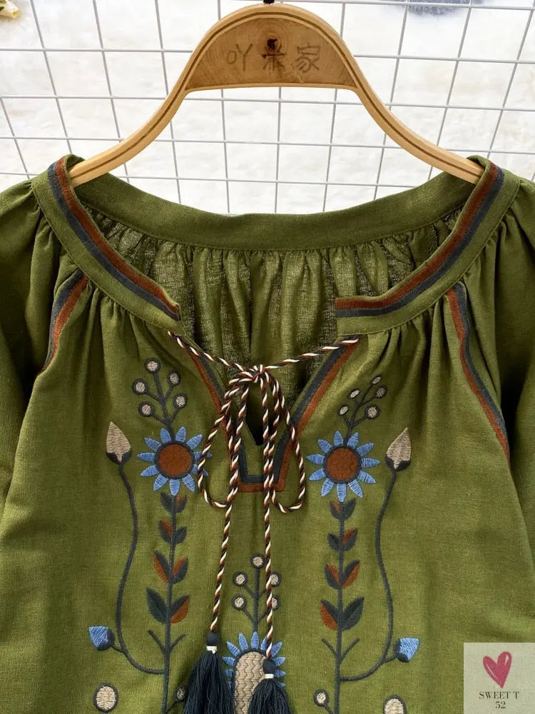 Floral Embroidered Tee for Women and Girls, Loose Fit With Wide O-Neck in 5 Solid Colors-Shirts & tops-SWEET T 52