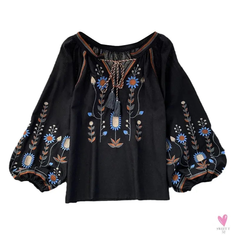 Floral Embroidered Tee for Women and Girls, Loose Fit With Wide O-Neck in 5 Solid Colors-Shirts & tops-SWEET T 52