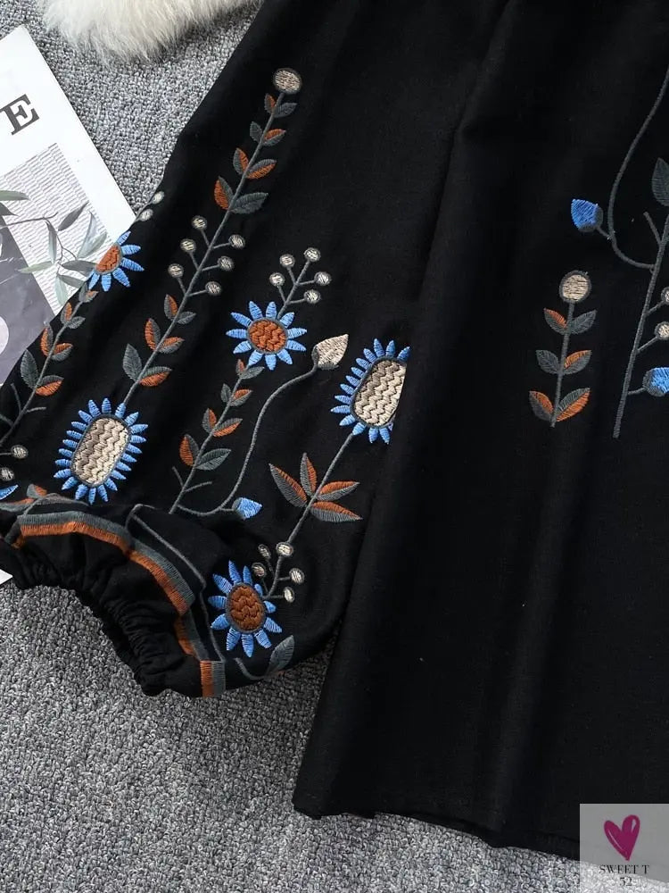 Floral Embroidered Tee for Women and Girls, Loose Fit With Wide O-Neck in 5 Solid Colors-Shirts & tops-SWEET T 52