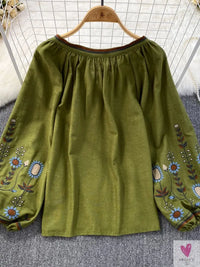 Floral Embroidered Tee for Women and Girls, Loose Fit With Wide O-Neck in 5 Solid Colors-Shirts & tops-SWEET T 52