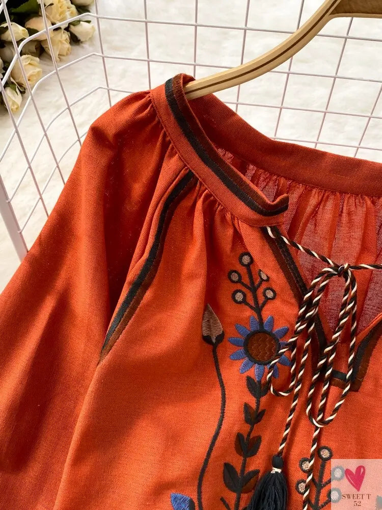 Floral Embroidered Tee for Women and Girls, Loose Fit With Wide O-Neck in 5 Solid Colors-Shirts & tops-SWEET T 52