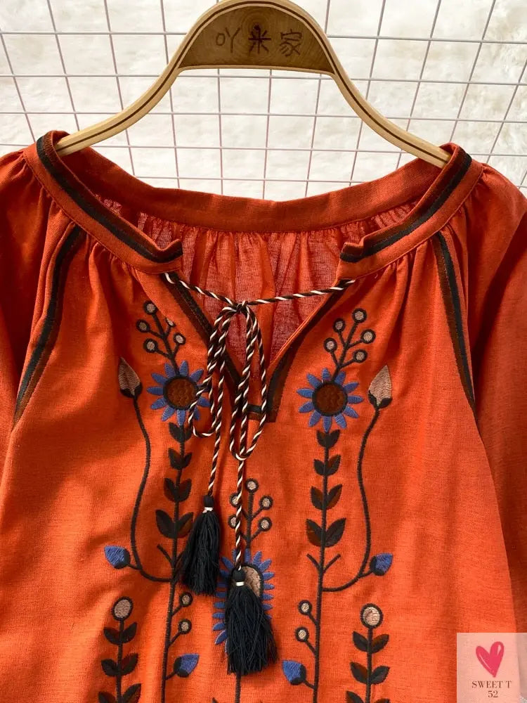 Floral Embroidered Tee for Women and Girls, Loose Fit With Wide O-Neck in 5 Solid Colors-Shirts & tops-SWEET T 52