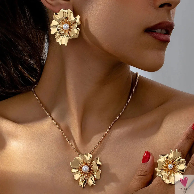 Flower Jewelry Set, Gold Metal/Pearl/Petal Pendant Necklace, Earrings & Ring for Women SWEET T 52
