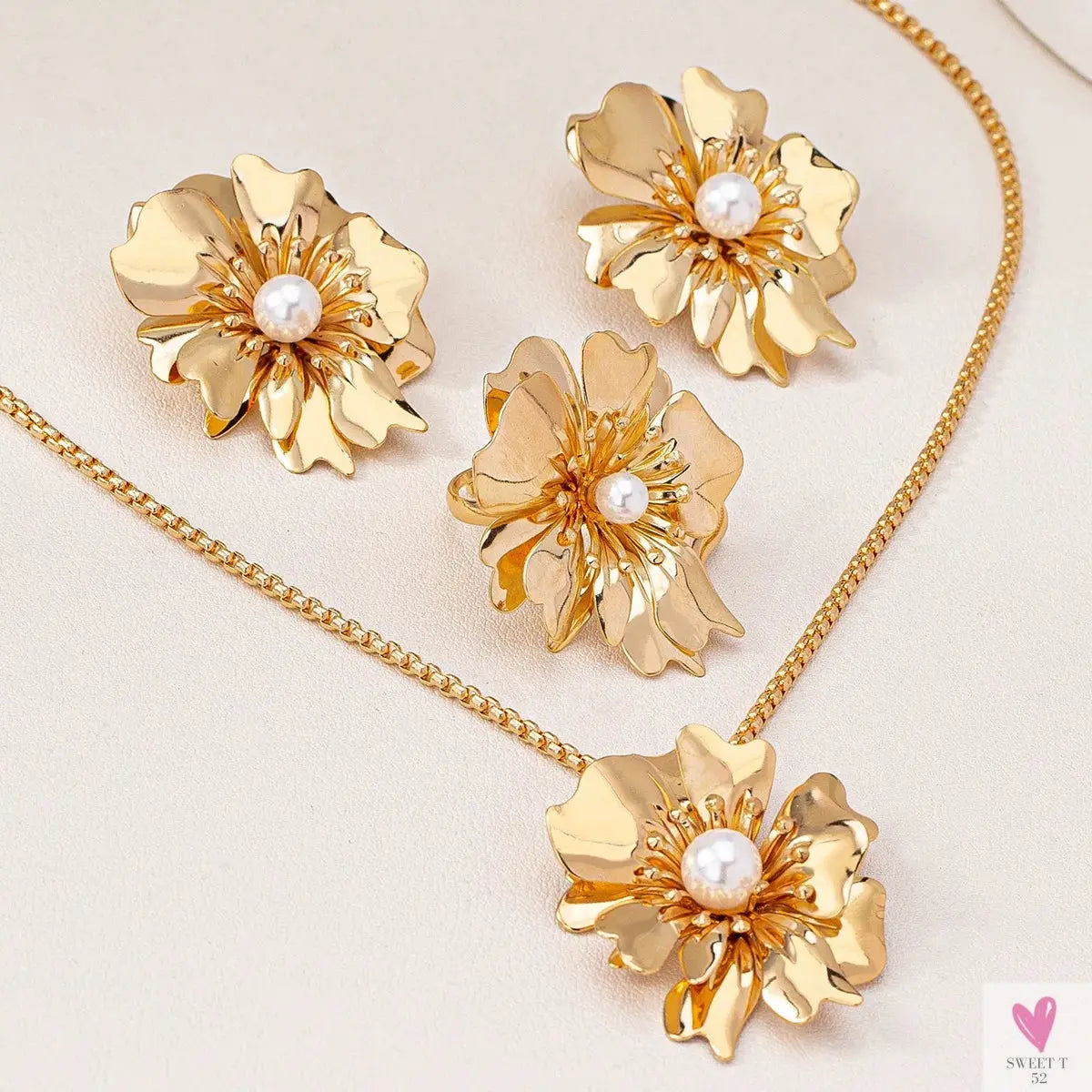 Flower Jewelry Set, Gold Metal/Pearl/Petal Pendant Necklace, Earrings & Ring for Women SWEET T 52