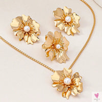 Flower Jewelry Set, Gold Metal/Pearl/Petal Pendant Necklace, Earrings & Ring for Women SWEET T 52