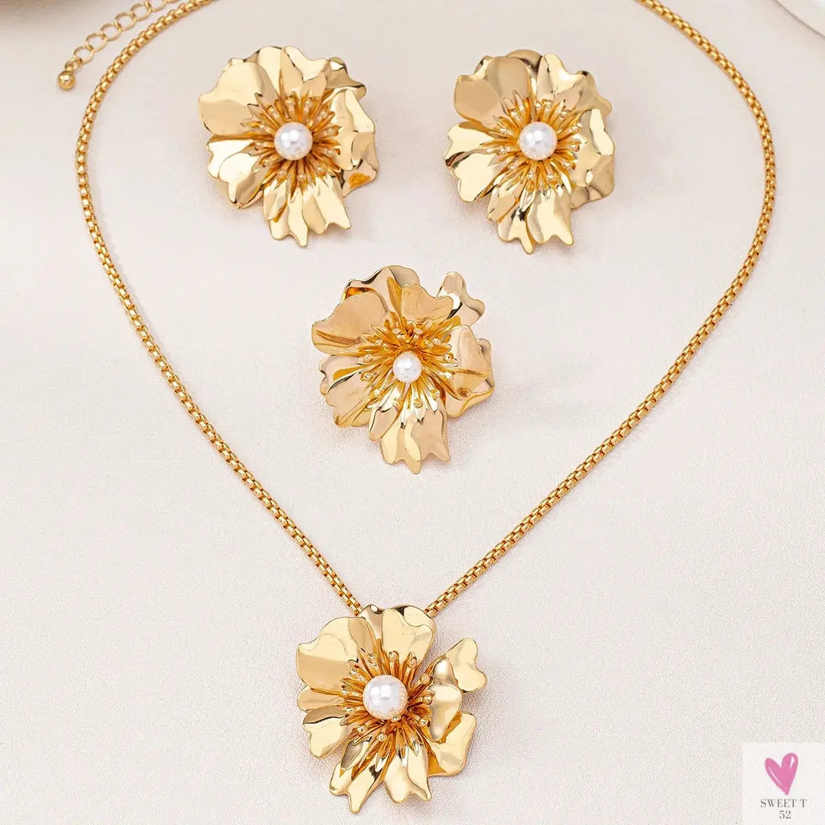 Flower Jewelry Set, Gold Metal/Pearl/Petal Pendant Necklace, Earrings & Ring for Women SWEET T 52