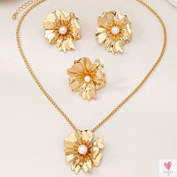 Flower Jewelry Set, Gold Metal/Pearl/Petal Pendant Necklace, Earrings & Ring for Women SWEET T 52