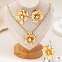 Flower Jewelry Set, Gold Metal/Pearl/Petal Pendant Necklace, Earrings & Ring for Women SWEET T 52