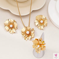 Flower Jewelry Set, Gold Metal/Pearl/Petal Pendant Necklace, Earrings & Ring for Women SWEET T 52