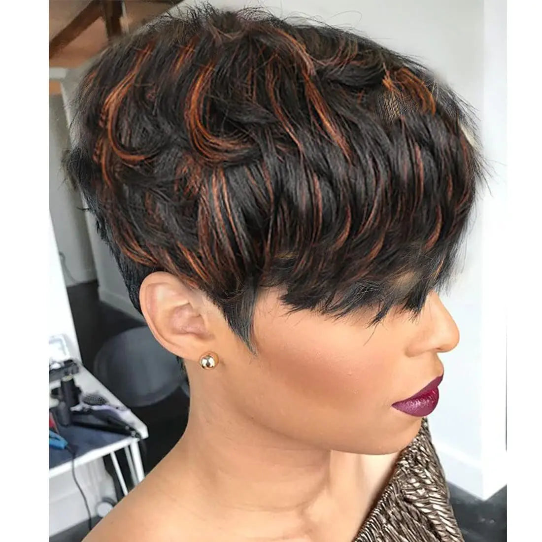 Short Layered, Wavy, Curly Wig with Bangs & Brown Highlights - Human Hair Pixie Cut for Women