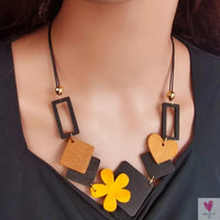 Geometric Wooden Pendant, Flower Sweater Chain Necklace, Vintage Ethnic Style for Women Sweet T 52
