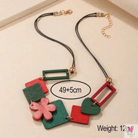 Geometric Wooden Pendant, Flower Sweater Chain Necklace, Vintage Ethnic Style for Women Sweet T 52