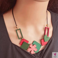 Geometric Wooden Pendant, Flower Sweater Chain Necklace, Vintage Ethnic Style for Women Sweet T 52