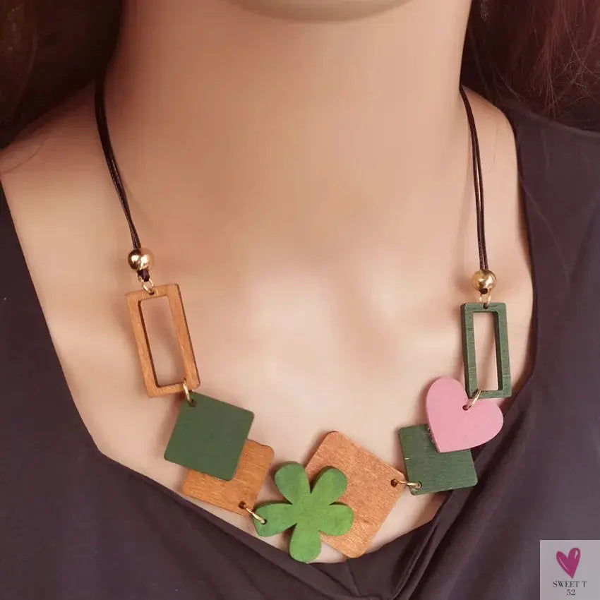 Geometric Wooden Pendant, Flower Sweater Chain Necklace, Vintage Ethnic Style for Women Sweet T 52