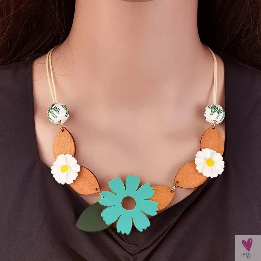 Geometric Wooden Pendant, Flower Sweater Chain Necklace, Vintage Ethnic Style for Women Sweet T 52