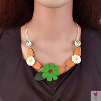 Geometric Wooden Pendant, Flower Sweater Chain Necklace, Vintage Ethnic Style for Women Sweet T 52