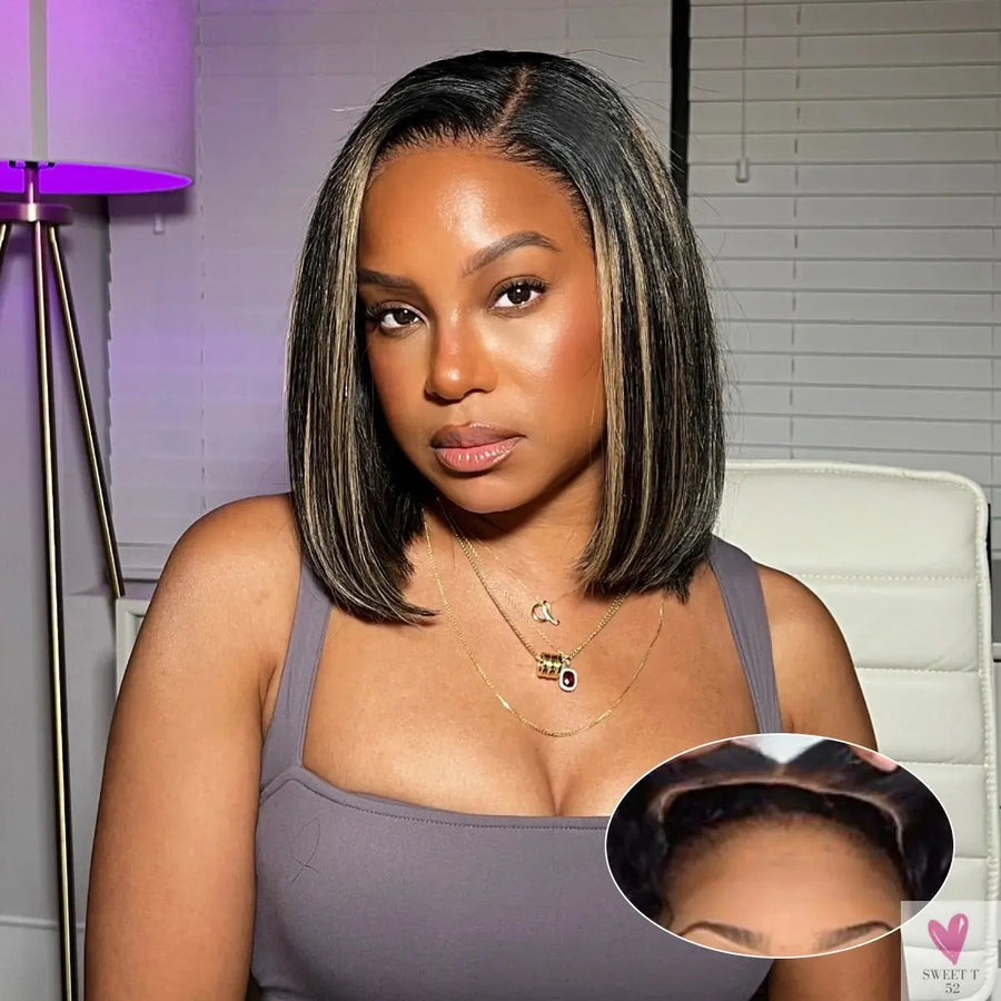 Glueless Bob Wigs Human Hair Pre Plucked Pre Cut P1b/27 5x5 HD Lace Closure Blonde Highlight Ombre Lace Front Human Hair Wigs Sweet T 52