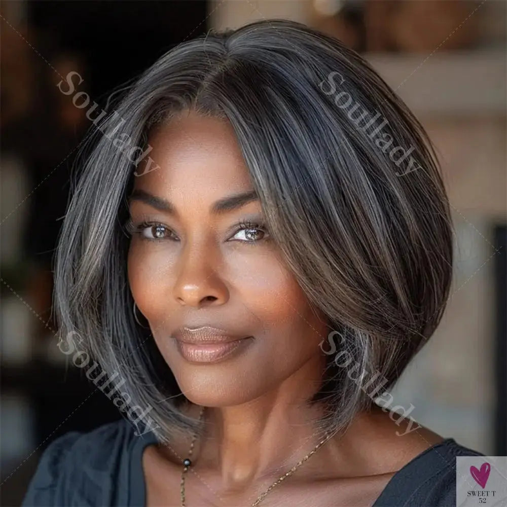 Glueless Ready-To-Go Salt And Pepper Wig - Straight Bob Real Human Hair Wig, 4x4 Lace Closure Wig for Women Sweet T 52