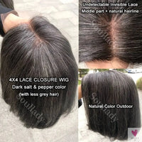 Glueless Ready-To-Go Salt And Pepper Wig - Straight Bob Real Human Hair Wig, 4x4 Lace Closure Wig for Women Sweet T 52