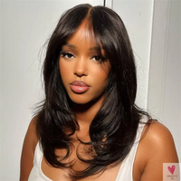 Glueless Wig - 100 Human Hair, Pre Cut 7x5 Lace Wavy Layer wig with Curtain Bangs, Human Hair Wig for Women Sweet T 52