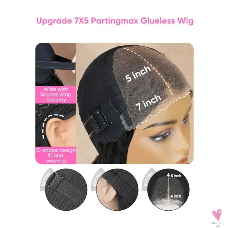 Glueless Wig - 100 Human Hair, Pre Cut 7x5 Lace Wavy Layer wig with Curtain Bangs, Human Hair Wig for Women Sweet T 52