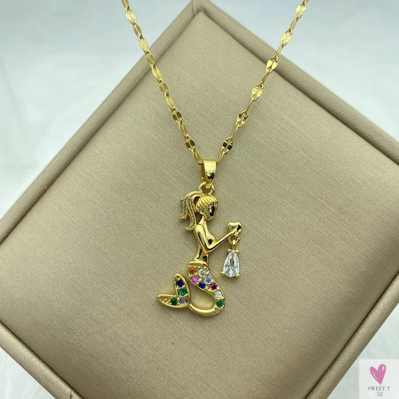 Gold Color Necklace for Women & Girls - Zircon Jewelry Pendant Necklace in Stainless Steel, Many Designs-Necklace-SWEET T 52