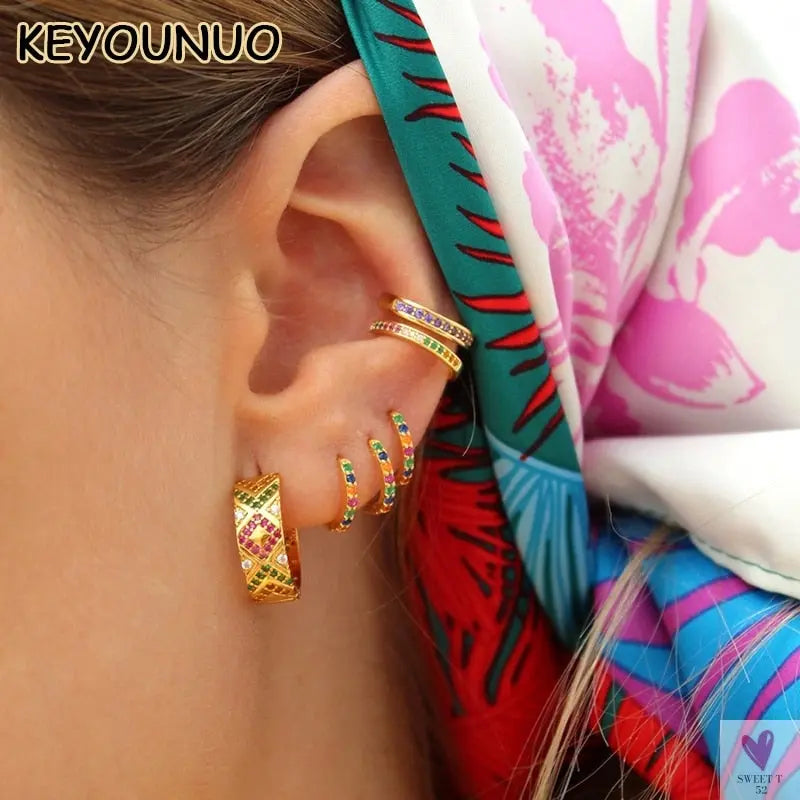 Gold Filled Stud Earrings For Women & Girls - Ear Cuffs, Colorful Zircon Dangle Hoop Earrings, Fashion, Party Jewelry-Earrings-SWEET T 52