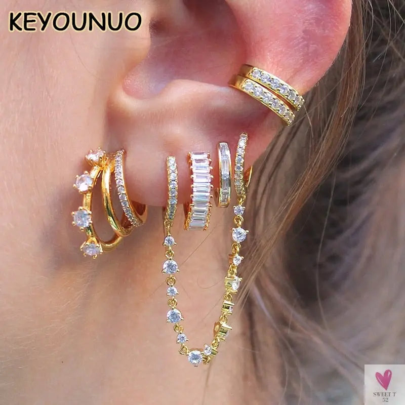 Gold Filled Stud Earrings For Women & Girls - Ear Cuffs, Colorful Zircon Dangle Hoop Earrings, Fashion, Party Jewelry-Earrings-SWEET T 52