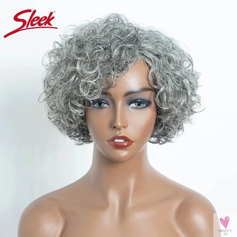 Gray/White Brazilian Jerry Curl Short Grey Wavy Bob Wigs - Natural Remy Human Hair, Machine Made, Silver Wigs Women Sweet T 52