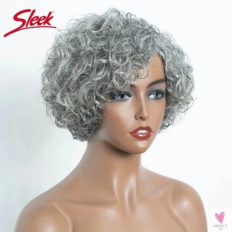 Gray/White Brazilian Jerry Curl Short Grey Wavy Bob Wigs - Natural Remy Human Hair, Machine Made, Silver Wigs Women Sweet T 52