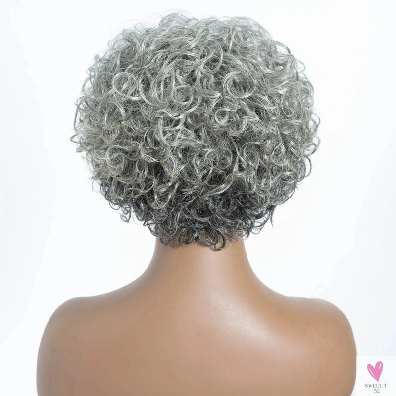 Gray/White Brazilian Jerry Curl Short Grey Wavy Bob Wigs - Natural Remy Human Hair, Machine Made, Silver Wigs Women Sweet T 52
