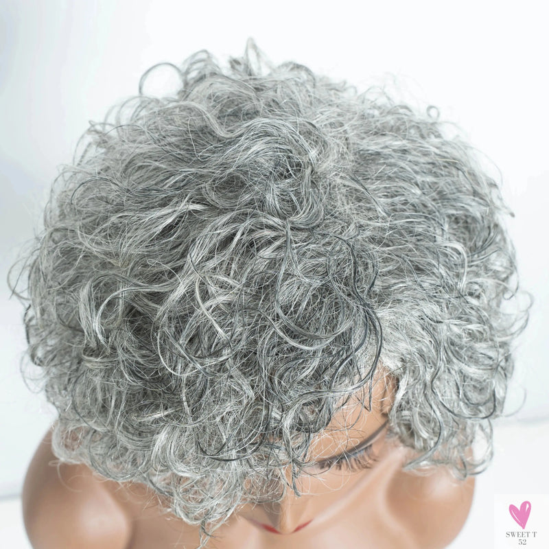 Gray/White Brazilian Jerry Curl Short Grey Wavy Bob Wigs - Natural Remy Human Hair, Machine Made, Silver Wigs Women Sweet T 52