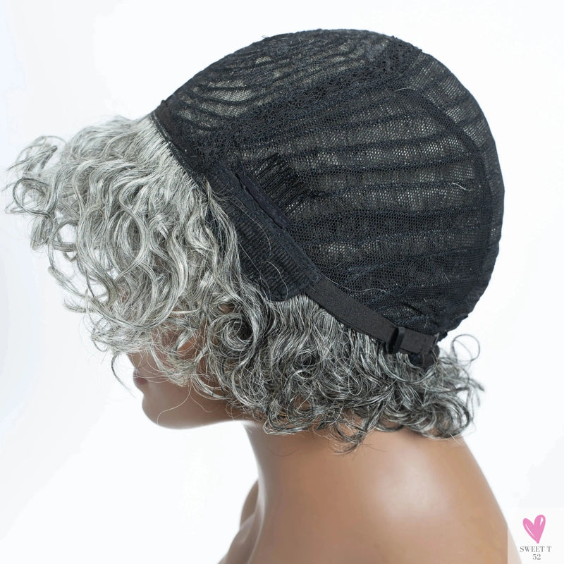 Gray/White Brazilian Jerry Curl Short Grey Wavy Bob Wigs - Natural Remy Human Hair, Machine Made, Silver Wigs Women Sweet T 52