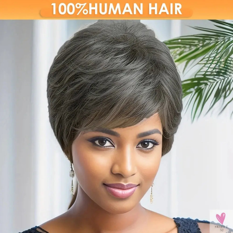 Grey Color Human Hair Wigs - Short Straight Layered Hair Wigs for Women, Machine Made Wigs for Daily Use Sweet T 52