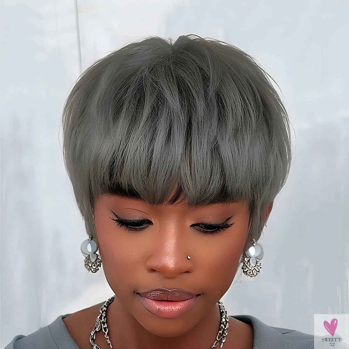 Grey Color Human Hair Wigs - Short Straight Layered Hair Wigs for Women, Machine Made Wigs for Daily Use Sweet T 52
