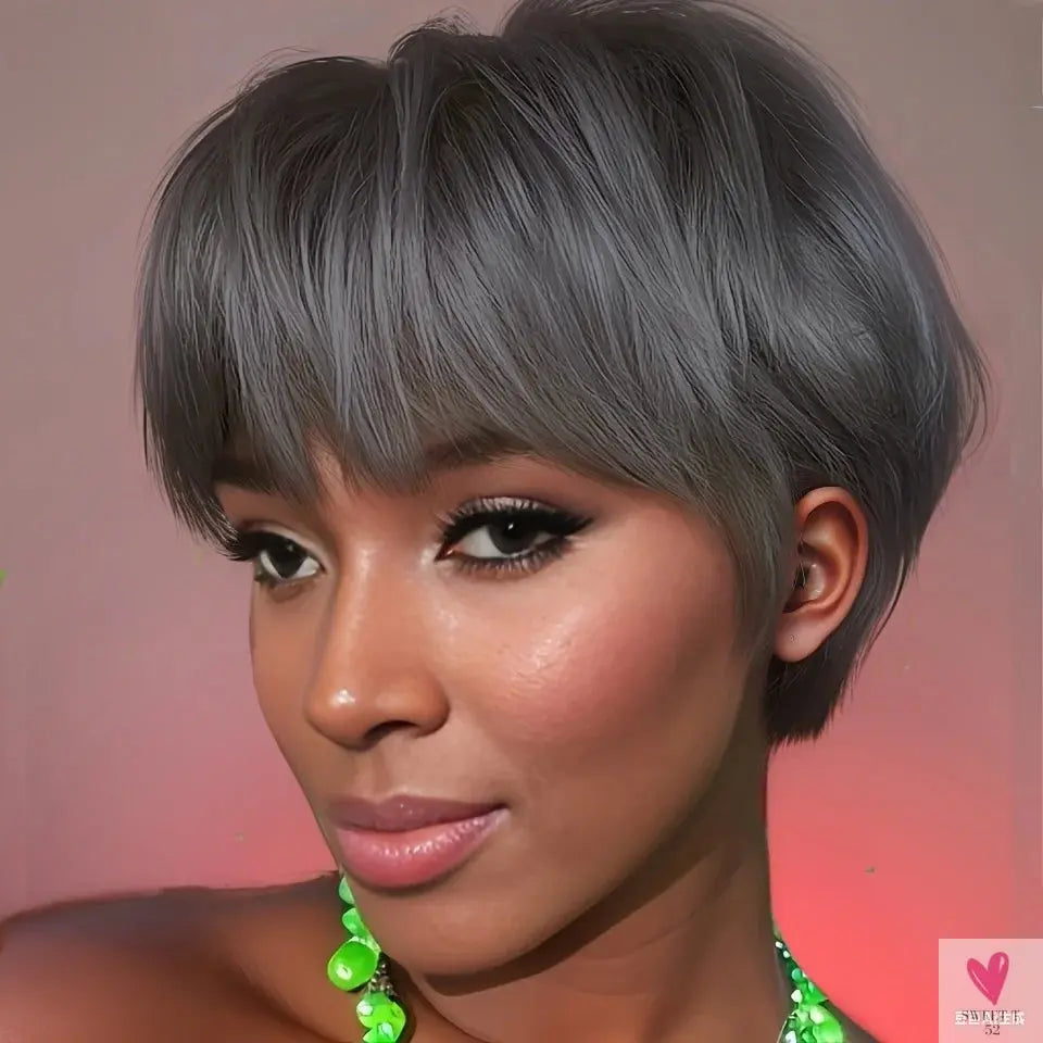 Grey Color Human Hair Wigs - Short Straight Layered Hair Wigs for Women, Machine Made Wigs for Daily Use Sweet T 52