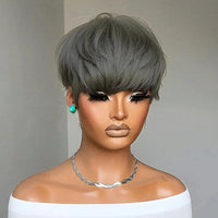 Grey Color Human Hair Wigs - Short Straight Layered Hair Wigs for Women, Machine Made Wigs for Daily Use Sweet T 52