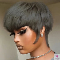 Grey Color Human Hair Wigs - Short Straight Layered Hair Wigs for Women, Machine Made Wigs for Daily Use Sweet T 52