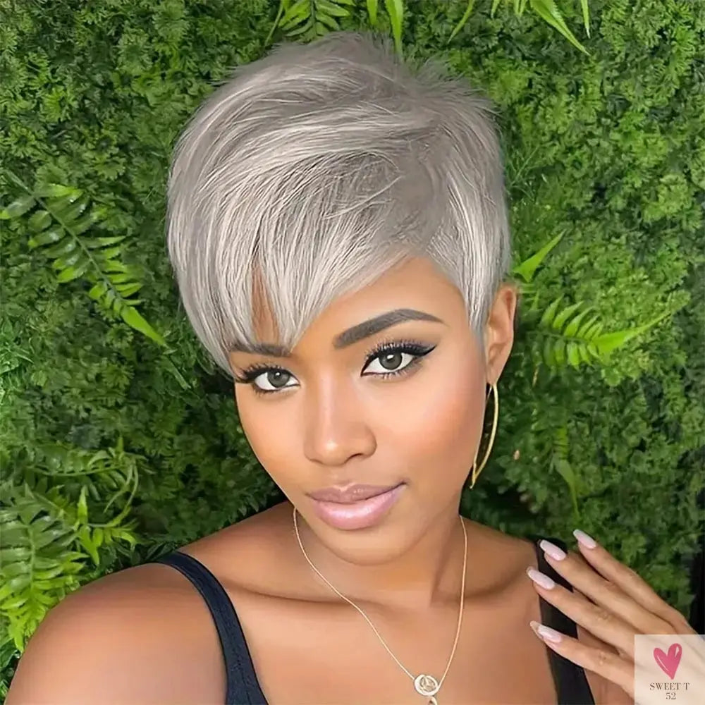 Grey Short Pixie Cut Wig Human Hair Short Layered Pixie Wig For Women 6 Inch Straight Grey Full Machine Made Human hair Wig Sweet T 52
