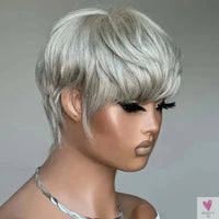 Grey Short Pixie Cut Wig Human Hair Short Layered Pixie Wig For Women 6 Inch Straight Grey Full Machine Made Human hair Wig Sweet T 52