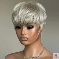 Grey Short Pixie Cut Wig Human Hair Short Layered Pixie Wig For Women 6 Inch Straight Grey Full Machine Made Human hair Wig Sweet T 52