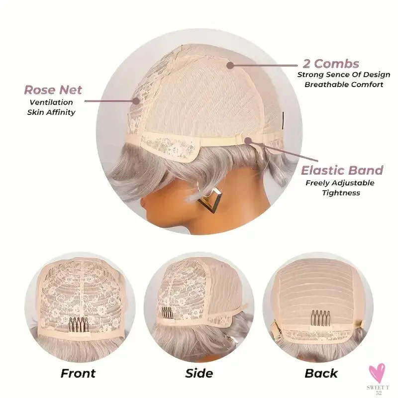 Grey Short Pixie Cut Wig Human Hair Short Layered Pixie Wig For Women 6 Inch Straight Grey Full Machine Made Human hair Wig Sweet T 52