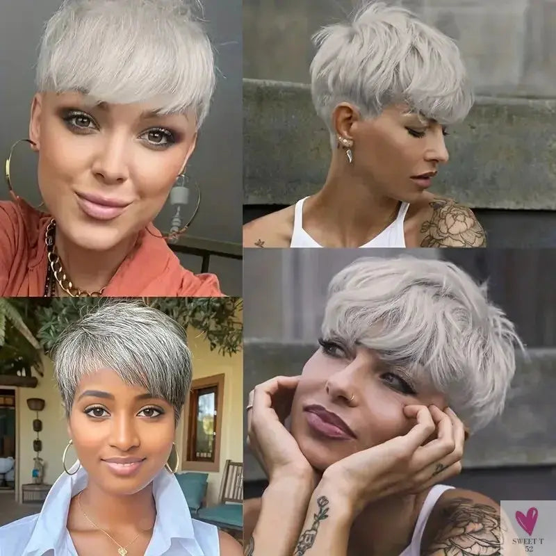 Grey Short Pixie Cut Wig Human Hair Short Layered Pixie Wig For Women 6 Inch Straight Grey Full Machine Made Human hair Wig Sweet T 52