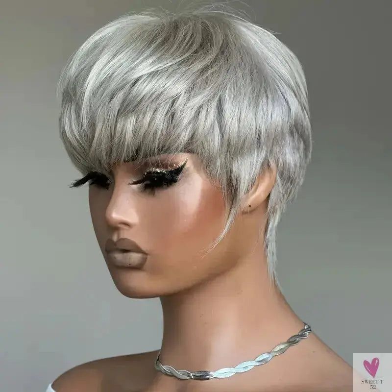 Grey Short Pixie Cut Wig Human Hair Short Layered Pixie Wig For Women 6 Inch Straight Grey Full Machine Made Human hair Wig Sweet T 52