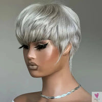 Grey Short Pixie Cut Wig Human Hair Short Layered Pixie Wig For Women 6 Inch Straight Grey Full Machine Made Human hair Wig Sweet T 52