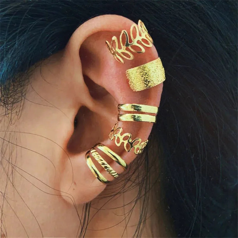KOTiK 2024 New Gold Silver Color Leaves Clip Earrings for Women Fashion Ear Cuff Non-Piercing Earrings Set Trend Jewelry Gift Sweet T 52