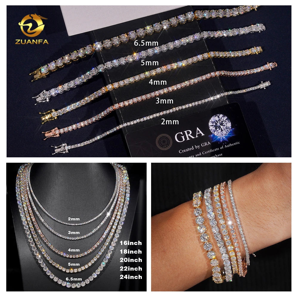 Luxury Men Women Hip Hop Iced Out Fine Jewelry 2MM 3MM 4MM 5MM Lab Diamond S925 Silver Vvs Moissanite Tennis Chain Necklace Sweet T 52